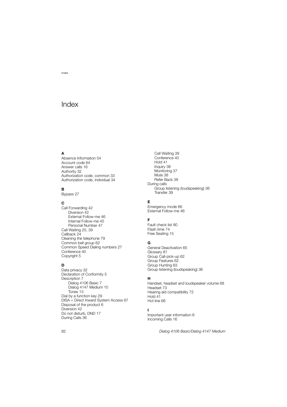 Index | AASTRA 4147 Medium for MX-ONE (TSW) User Guide EN User Manual | Page 82 / 84