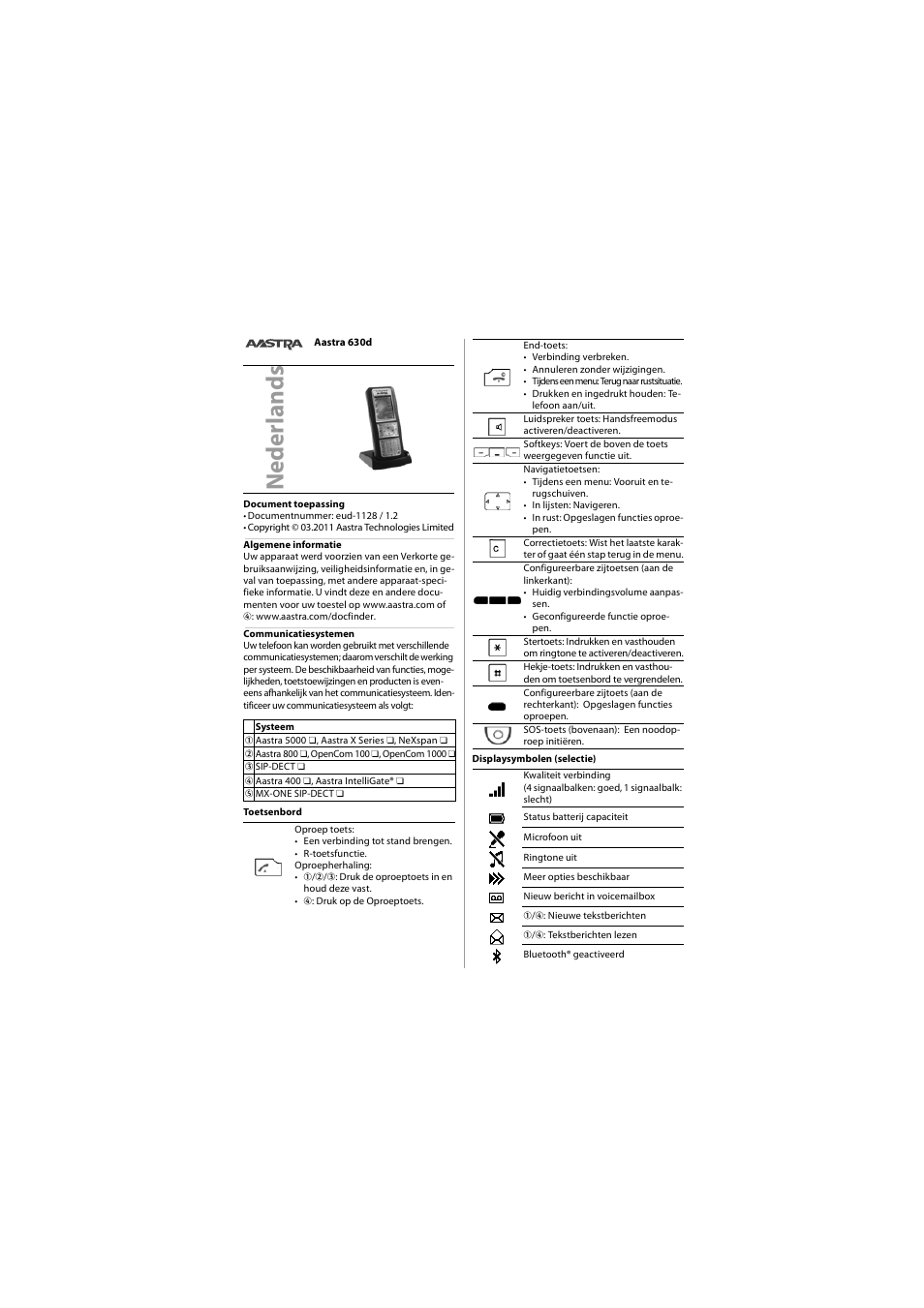 Nederlands, Neder lan ds | AASTRA 630 for Aastra 400 Quick User Guide User Manual | Page 14 / 30