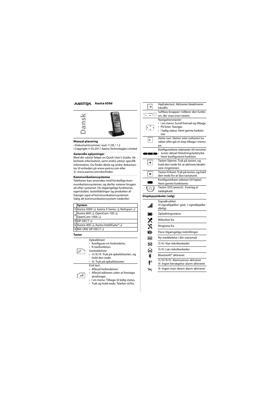 Dansk | AASTRA 630 for Aastra 400 Quick User Guide User Manual | Page 16 / 30