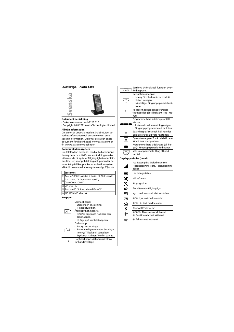 Svenska, Sve n sk a | AASTRA 630 for Aastra 400 Quick User Guide User Manual | Page 18 / 30