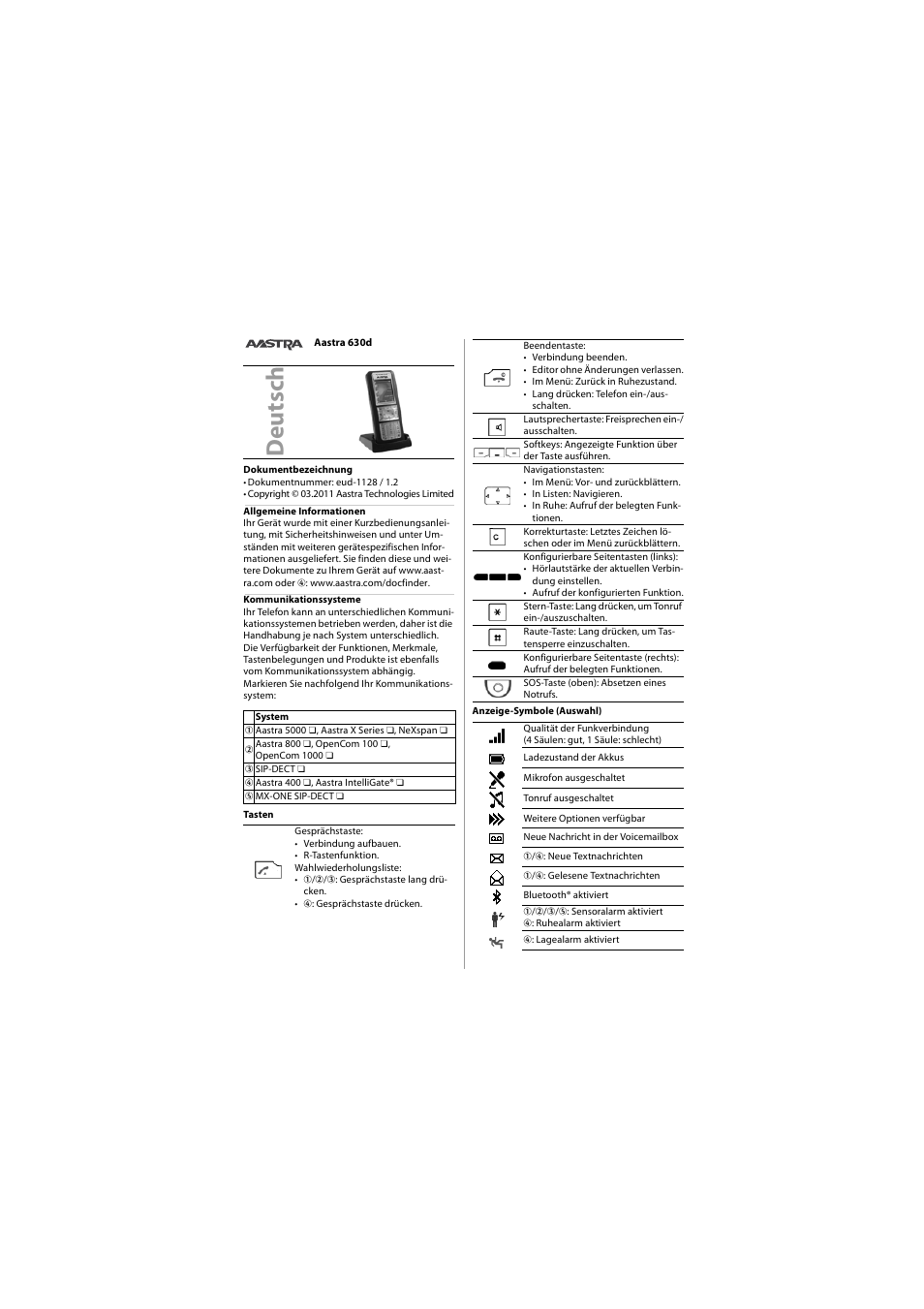 Deutsch, Deu tsch | AASTRA 630 for Aastra 400 Quick User Guide User Manual | Page 2 / 30
