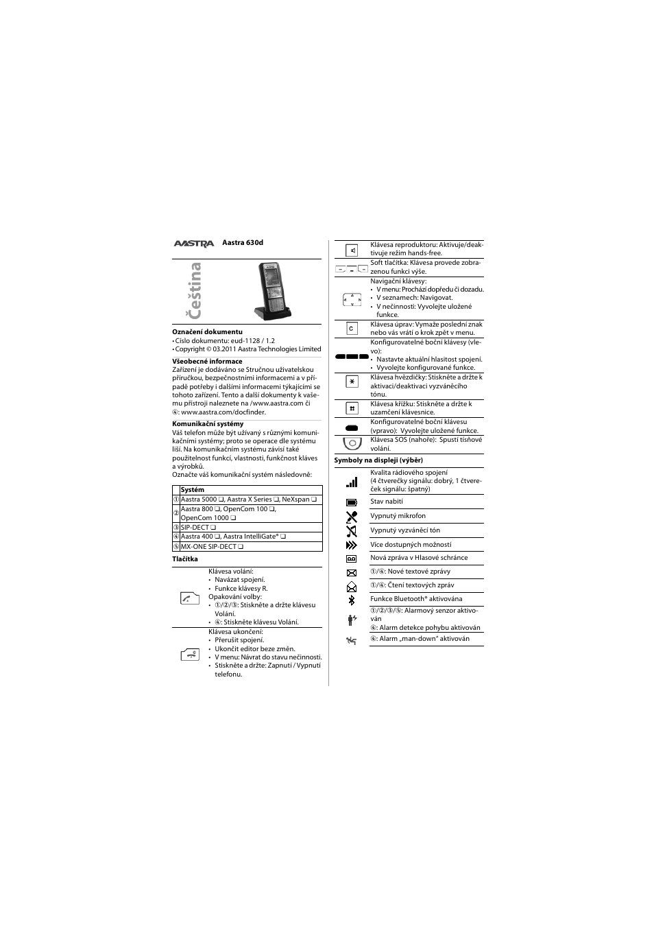 Čeština, Če ština | AASTRA 630 for Aastra 400 Quick User Guide User Manual | Page 24 / 30