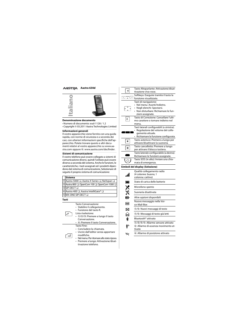 Italiano, It al ia n o | AASTRA 630 for Aastra 400 Quick User Guide User Manual | Page 8 / 30