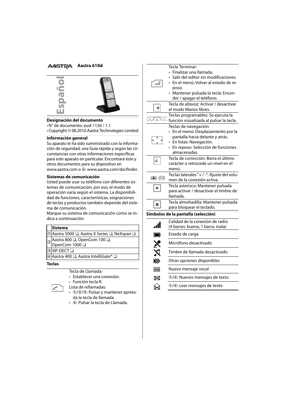 Español | AASTRA 610d Quick User Guide User Manual | Page 10 / 30