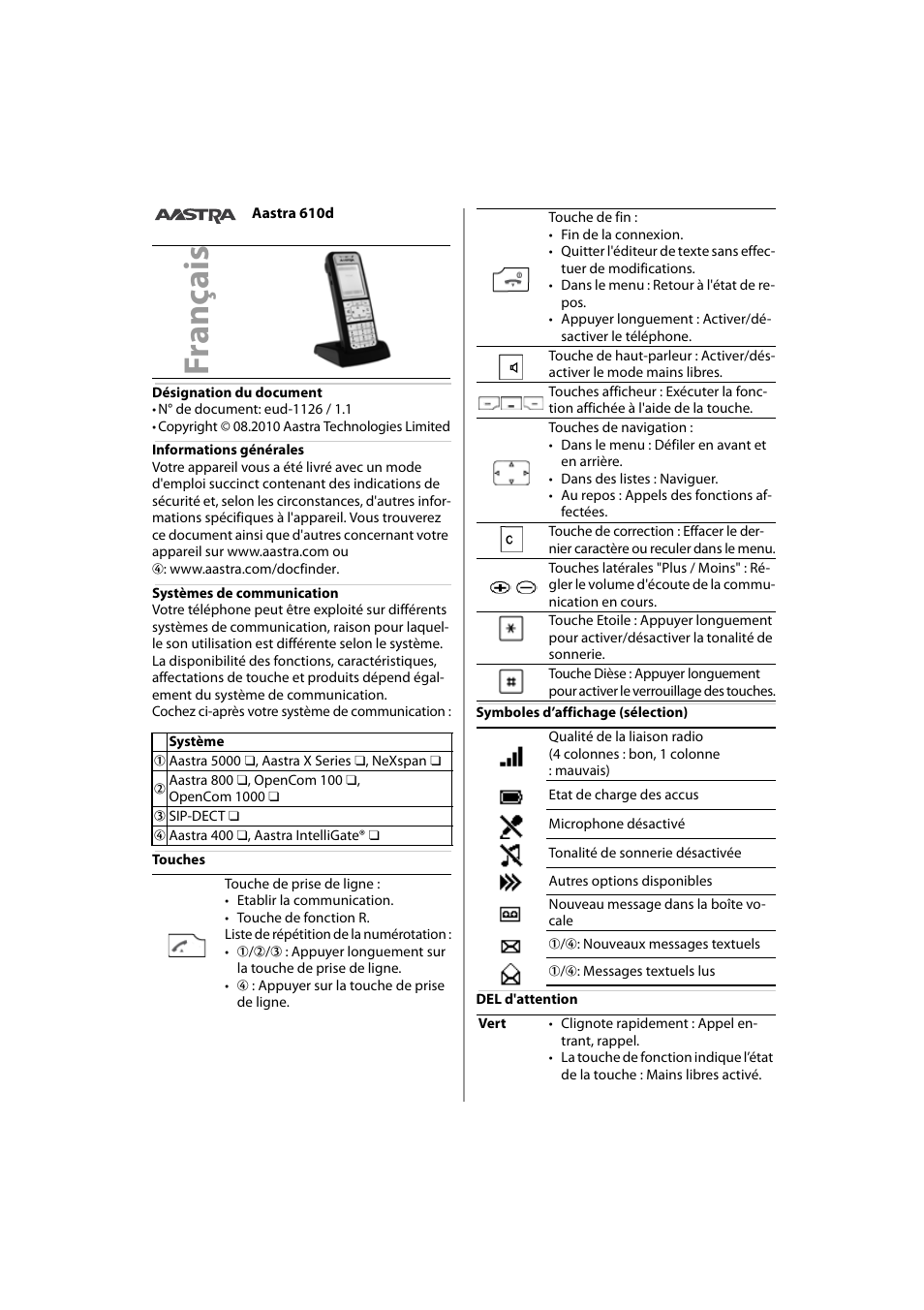 Français, Fr a n ça is | AASTRA 610d Quick User Guide User Manual | Page 8 / 30