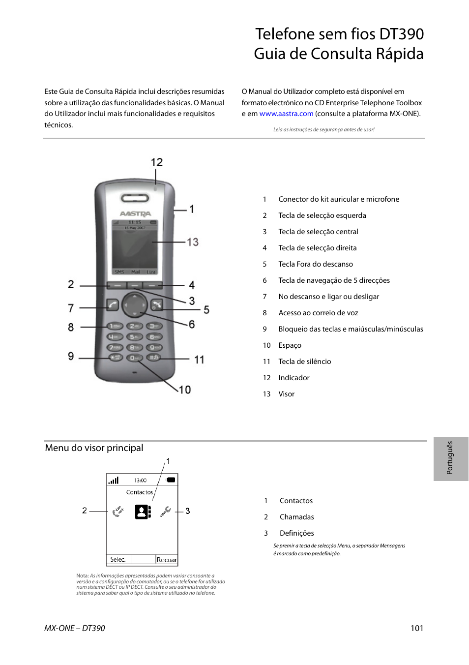 Telefone sem fios dt390 guia de consulta rápida, Menu do visor principal | AASTRA DT390 for MX-ONE Quick Reference Guide User Manual | Page 101 / 148