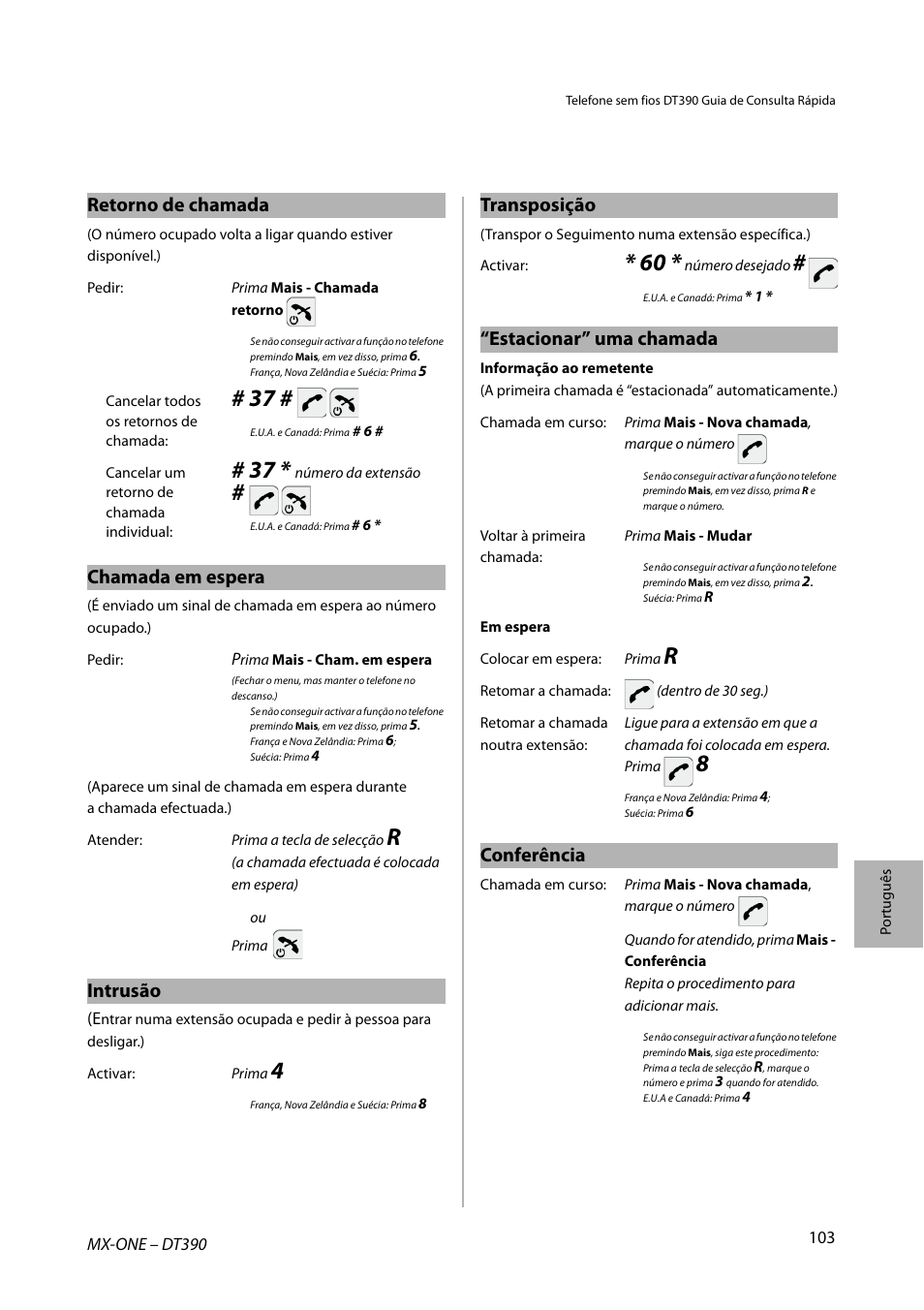 Retorno de chamada, Chamada em espera, Intrusão | Transposição, Estacionar” uma chamada, Conferência | AASTRA DT390 for MX-ONE Quick Reference Guide User Manual | Page 103 / 148