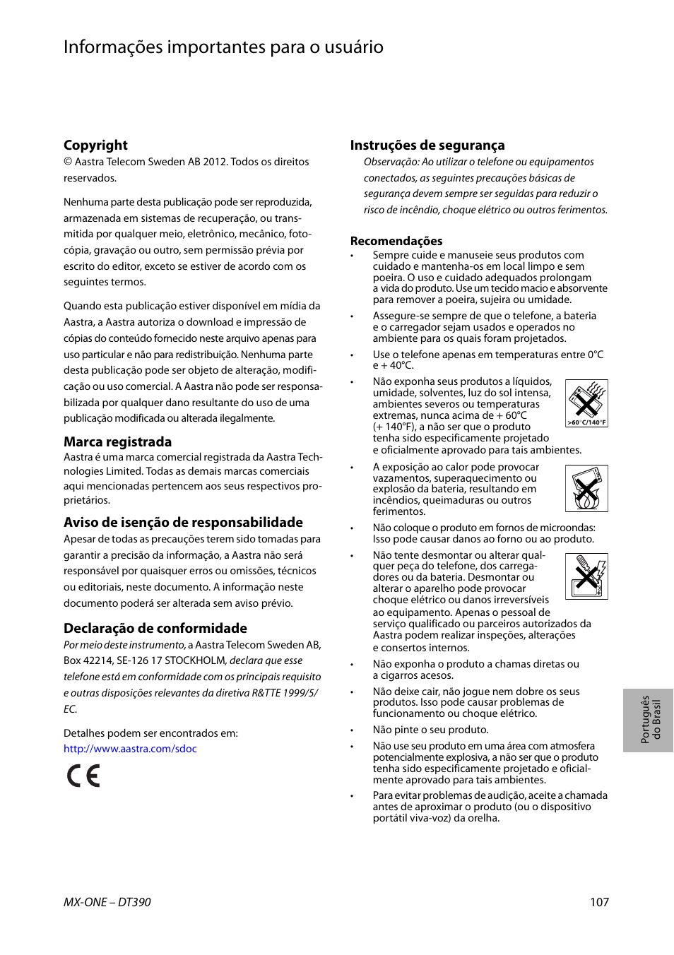 Português do brasil, Informações importantes para o usuário, Copyright | Marca registrada, Aviso de isenção de responsabilidade, Declaração de conformidade, Instruções de segurança | AASTRA DT390 for MX-ONE Quick Reference Guide User Manual | Page 107 / 148