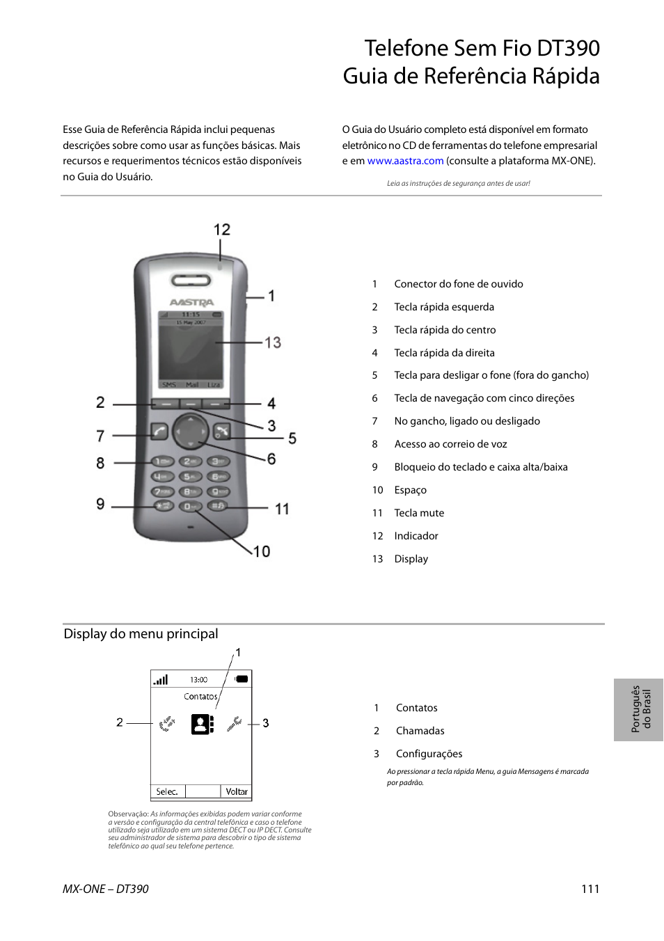 Telefone sem fio dt390 guia de referência rápida, Display do menu principal | AASTRA DT390 for MX-ONE Quick Reference Guide User Manual | Page 111 / 148