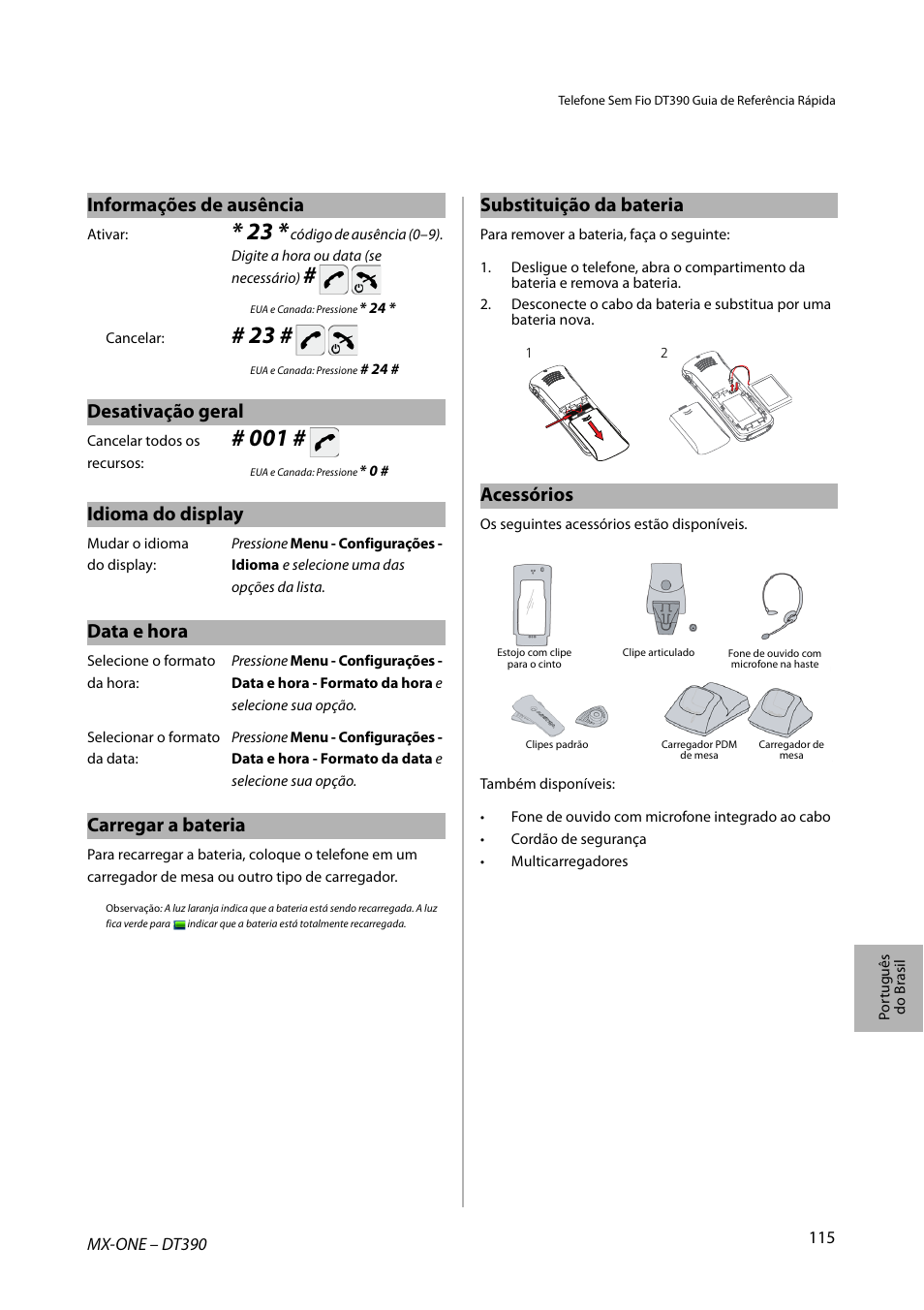 Informações de ausência, Desativação geral, Idioma do display | Data e hora, Carregar a bateria, Substituição da bateria, Acessórios | AASTRA DT390 for MX-ONE Quick Reference Guide User Manual | Page 115 / 148