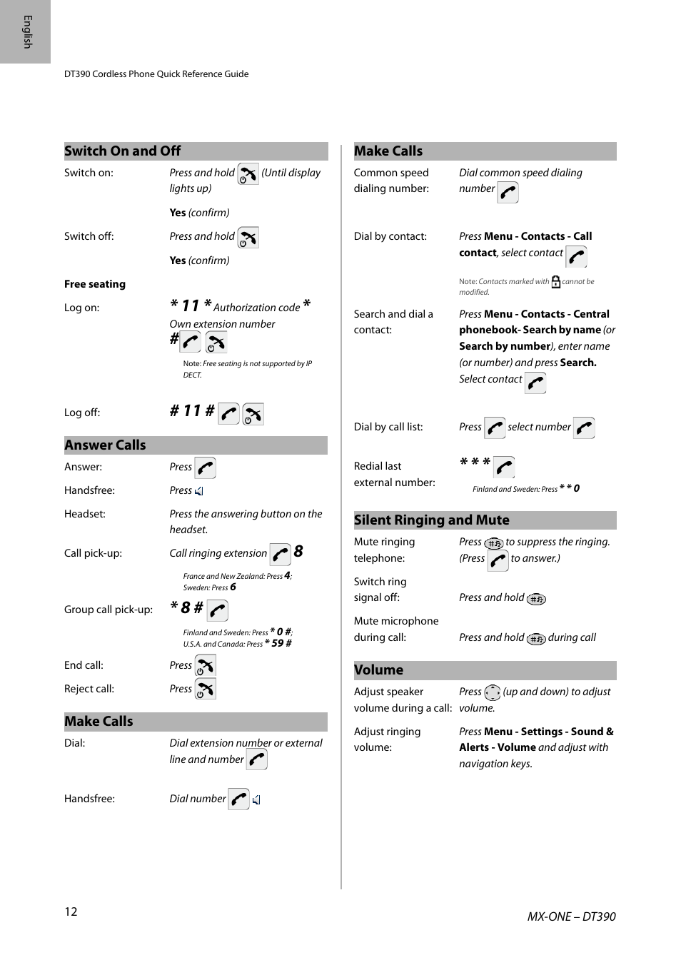 Switch on and off, Answer calls, Make calls | Silent ringing and mute, Volume | AASTRA DT390 for MX-ONE Quick Reference Guide User Manual | Page 12 / 148
