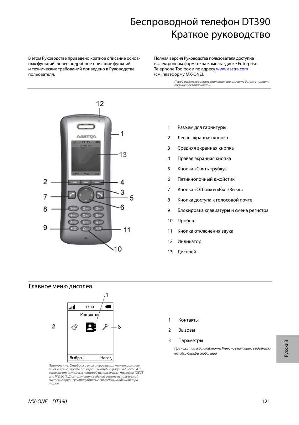 Беспроводной телефон dt390 краткое руководство, Главное меню дисплея | AASTRA DT390 for MX-ONE Quick Reference Guide User Manual | Page 121 / 148