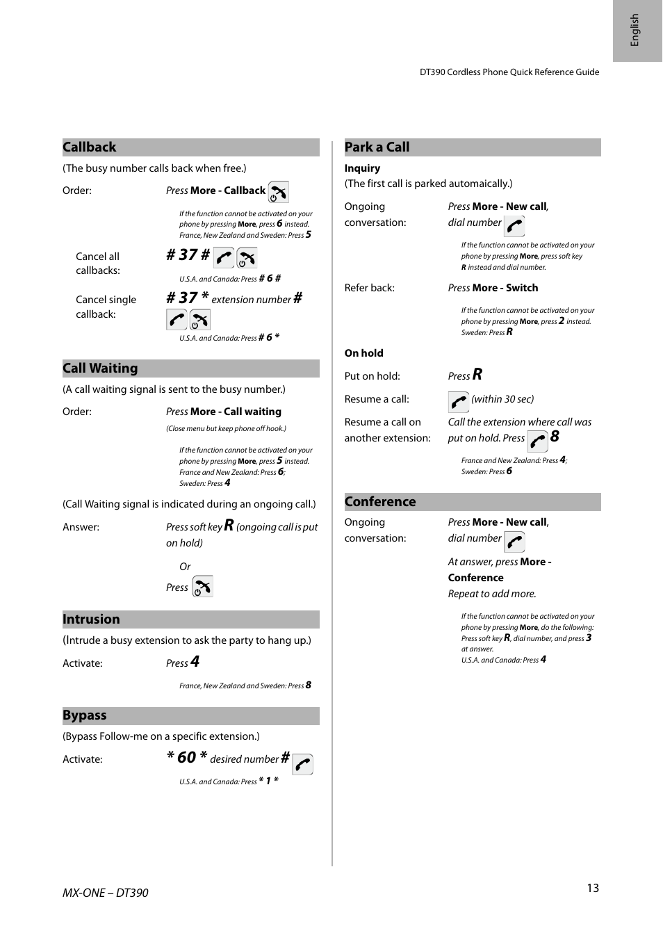 Callback, Call waiting, Intrusion | Bypass, Park a call, Conference | AASTRA DT390 for MX-ONE Quick Reference Guide User Manual | Page 13 / 148