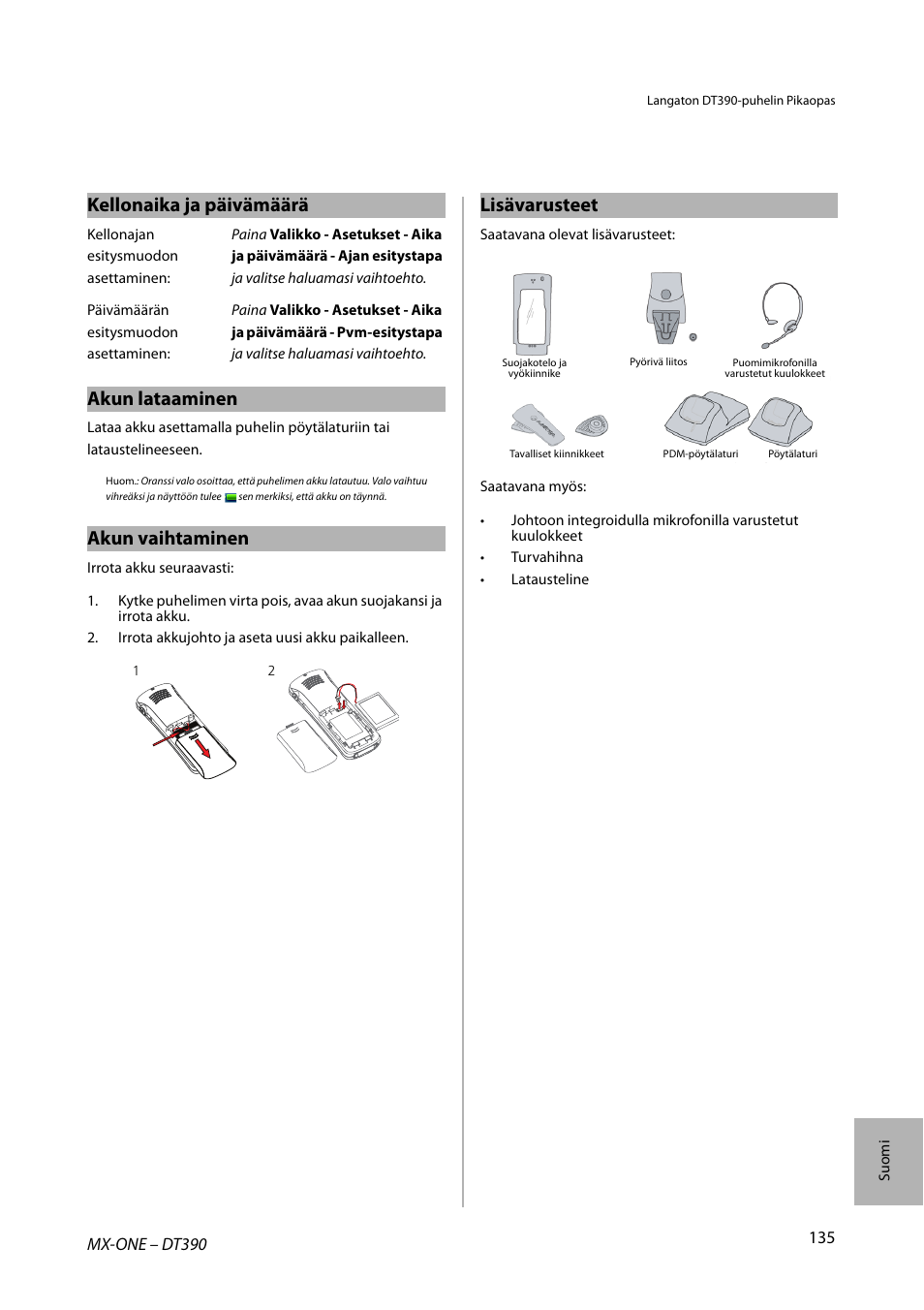 Kellonaika ja päivämäärä, Akun lataaminen, Akun vaihtaminen | Lisävarusteet | AASTRA DT390 for MX-ONE Quick Reference Guide User Manual | Page 135 / 148