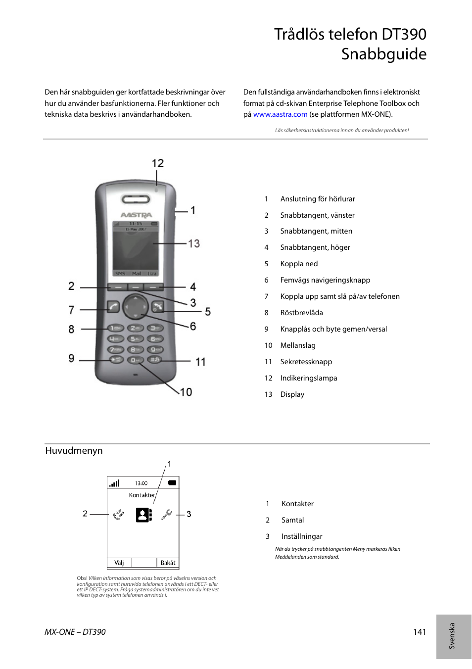 Trådlös telefon dt390 snabbguide, Huvudmenyn | AASTRA DT390 for MX-ONE Quick Reference Guide User Manual | Page 141 / 148