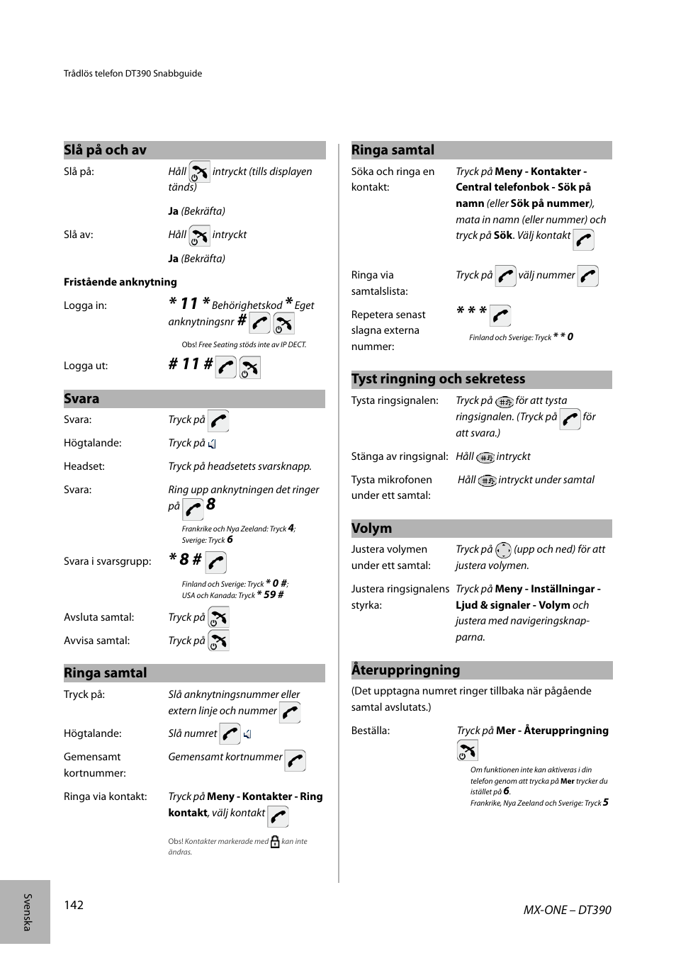 Slå på och av, Svara, Ringa samtal | Tyst ringning och sekretess, Volym, Återuppringning | AASTRA DT390 for MX-ONE Quick Reference Guide User Manual | Page 142 / 148