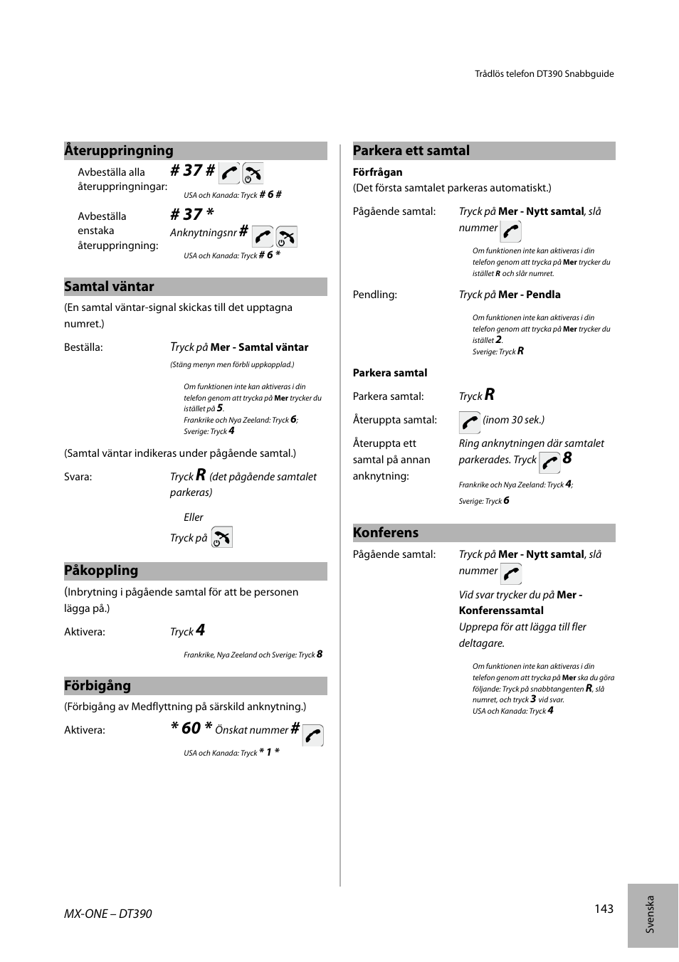 Samtal väntar, Påkoppling, Förbigång | Återuppringning parkera ett samtal, Konferens | AASTRA DT390 for MX-ONE Quick Reference Guide User Manual | Page 143 / 148