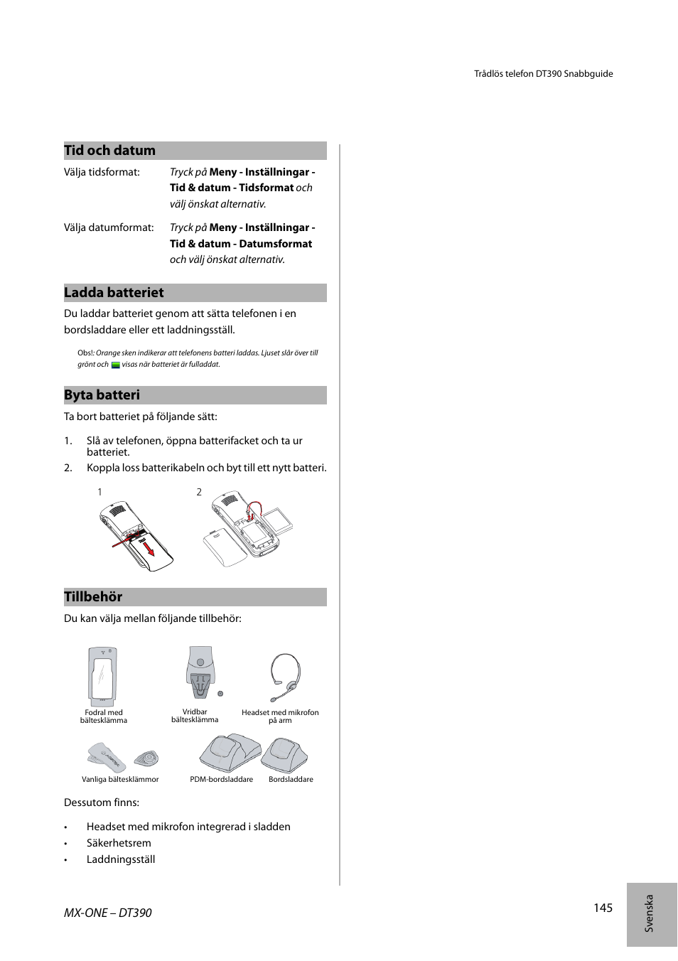 Tid och datum, Ladda batteriet, Byta batteri | Tillbehör | AASTRA DT390 for MX-ONE Quick Reference Guide User Manual | Page 145 / 148