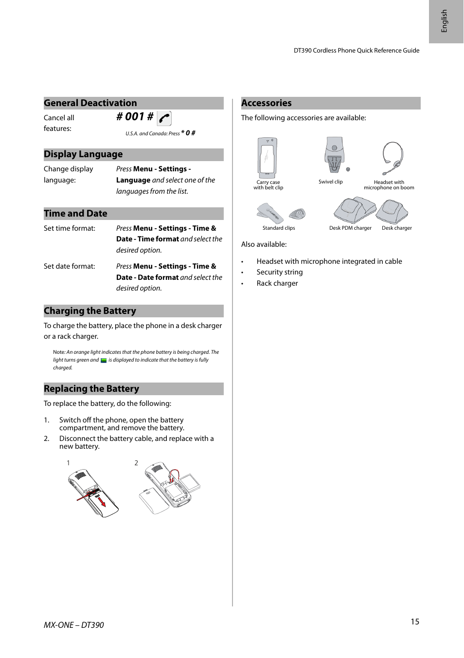 General deactivation, Display language, Time and date | Charging the battery, Replacing the battery, Accessories | AASTRA DT390 for MX-ONE Quick Reference Guide User Manual | Page 15 / 148