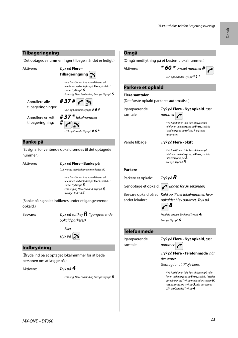 Tilbageringning, Banke på, Indbrydning | Omgå, Parkere et opkald, Telefonmøde | AASTRA DT390 for MX-ONE Quick Reference Guide User Manual | Page 23 / 148