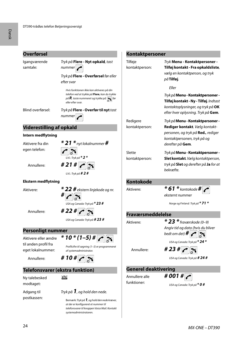 Overførsel, Viderestilling af opkald, Personligt nummer | Telefonsvarer (ekstra funktion), Kontaktpersoner, Kontokode, Fraværsmeddelelse, Generel deaktivering | AASTRA DT390 for MX-ONE Quick Reference Guide User Manual | Page 24 / 148