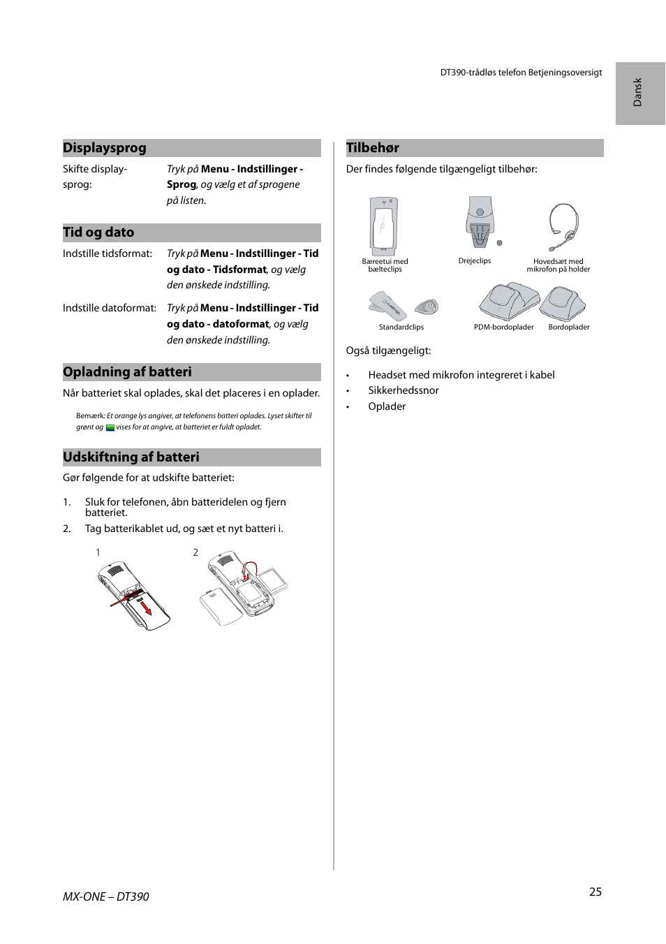 Displaysprog, Tid og dato, Opladning af batteri | Udskiftning af batteri, Tilbehør | AASTRA DT390 for MX-ONE Quick Reference Guide User Manual | Page 25 / 148