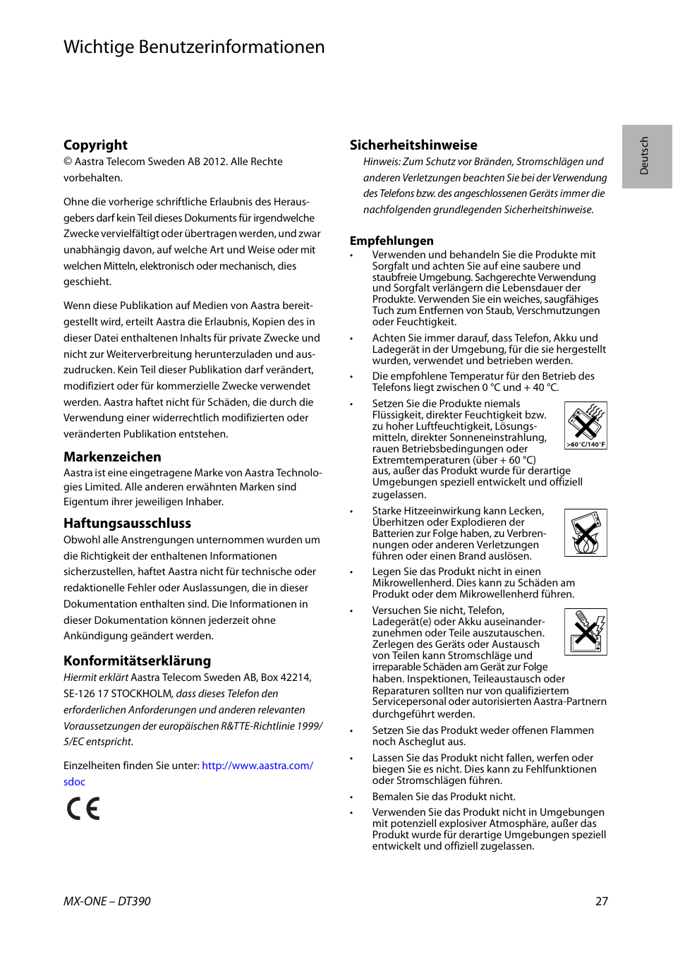 Deutsch, Wichtige benutzerinformationen, Copyright | Markenzeichen, Haftungsausschluss, Konformitätserklärung, Sicherheitshinweise | AASTRA DT390 for MX-ONE Quick Reference Guide User Manual | Page 27 / 148
