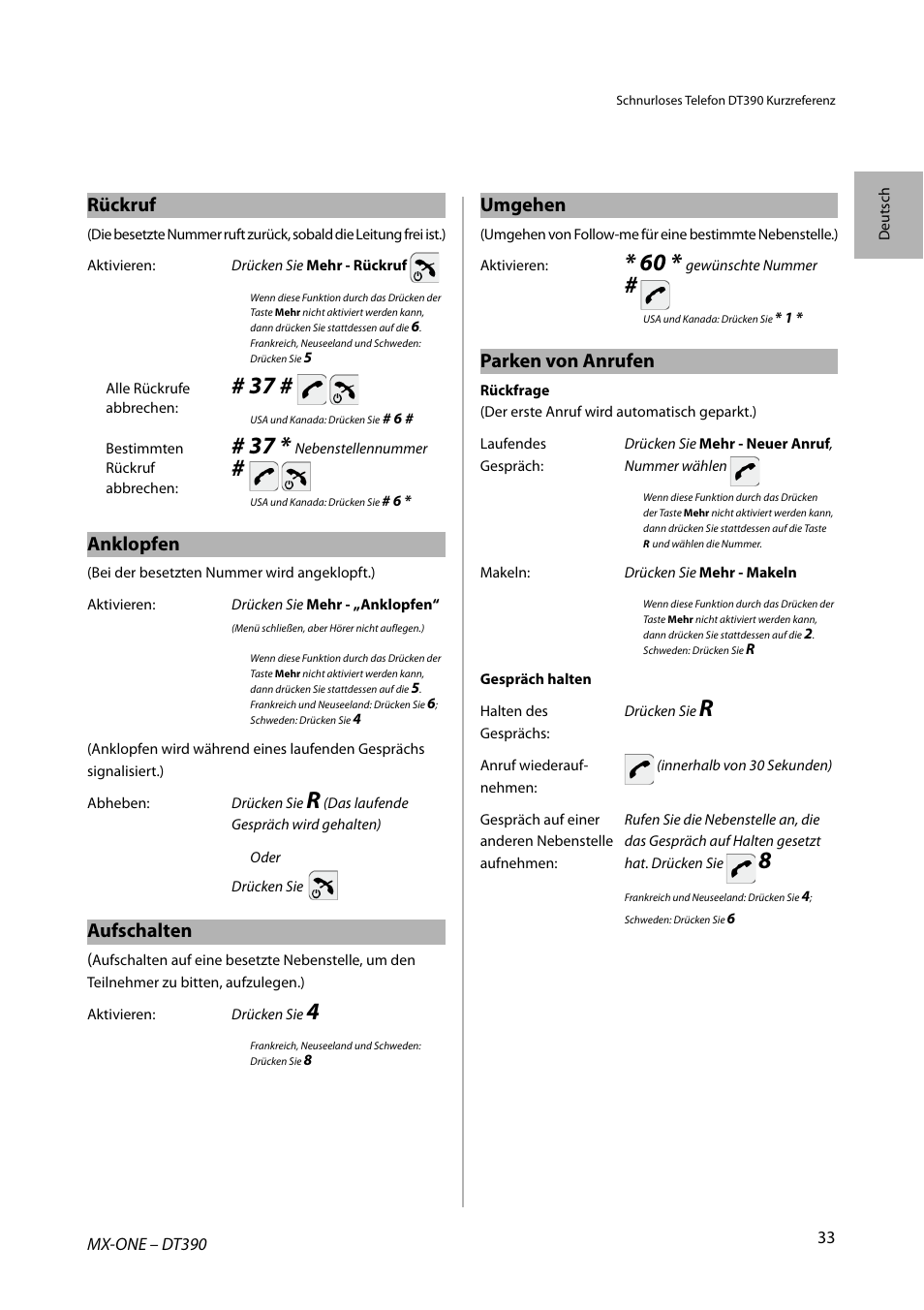 Rückruf, Anklopfen, Aufschalten | Umgehen, Parken von anrufen | AASTRA DT390 for MX-ONE Quick Reference Guide User Manual | Page 33 / 148