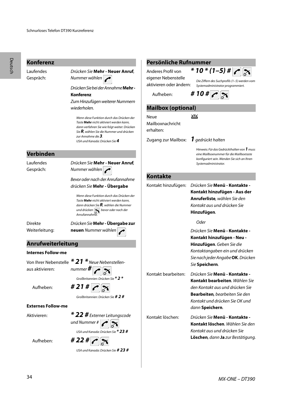 Konferenz, Verbinden, Anrufweiterleitung | Persönliche rufnummer, Mailbox (optional), Kontakte | AASTRA DT390 for MX-ONE Quick Reference Guide User Manual | Page 34 / 148