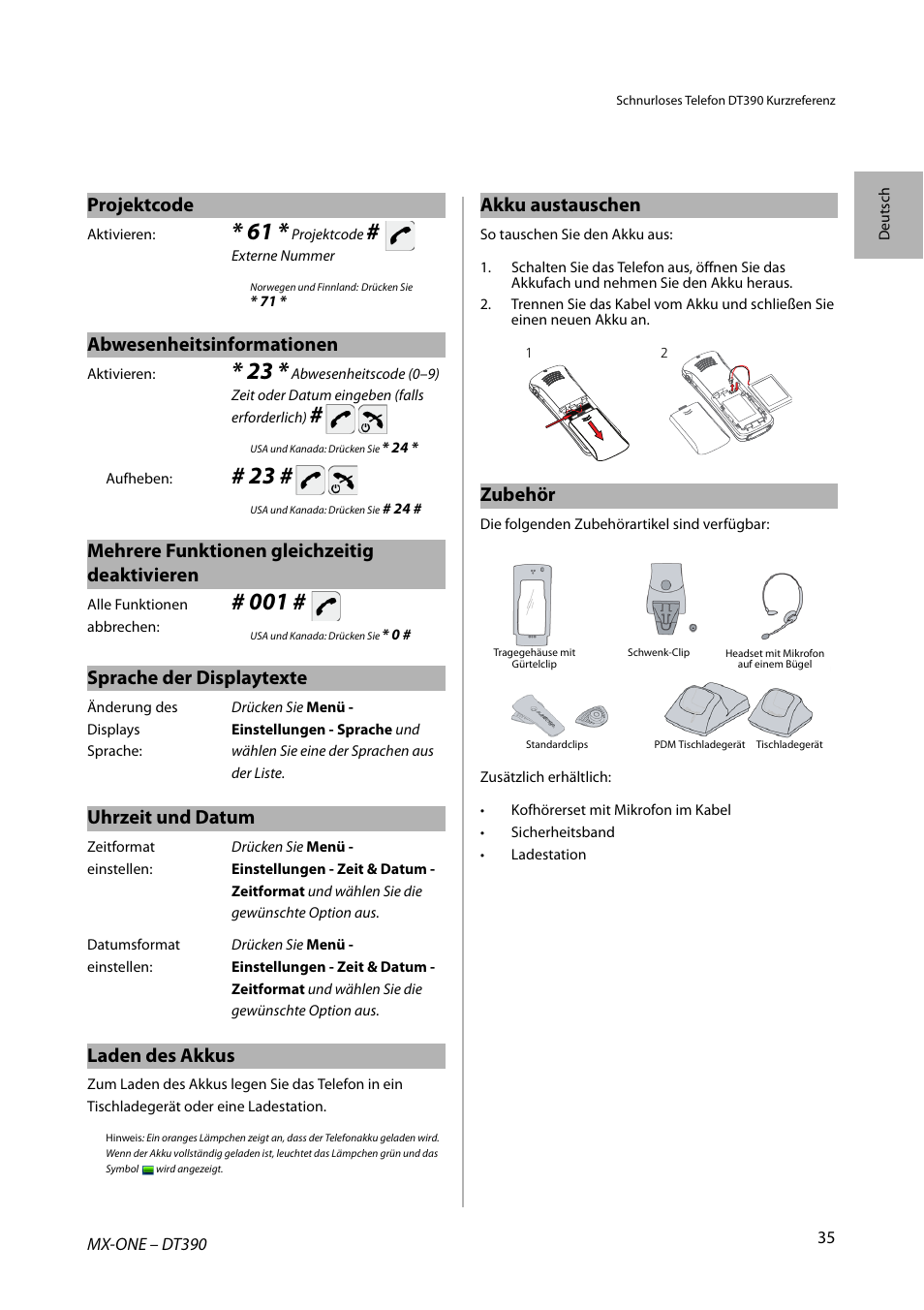Projektcode, Abwesenheitsinformationen, Mehrere funktionen gleichzeitig deaktivieren | Sprache der displaytexte, Uhrzeit und datum, Laden des akkus, Akku austauschen, Zubehör | AASTRA DT390 for MX-ONE Quick Reference Guide User Manual | Page 35 / 148