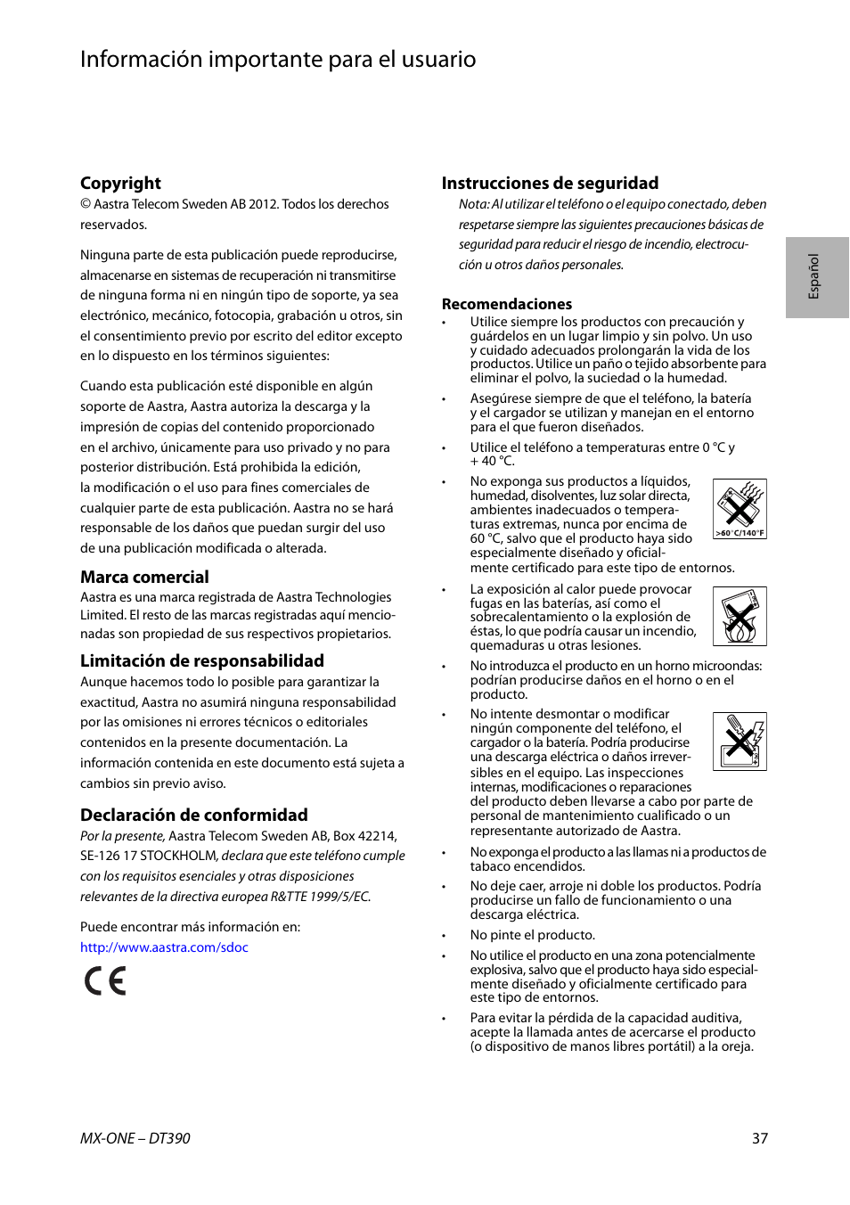Español, Información importante para el usuario, Copyright | Marca comercial, Limitación de responsabilidad, Declaración de conformidad, Instrucciones de seguridad | AASTRA DT390 for MX-ONE Quick Reference Guide User Manual | Page 37 / 148