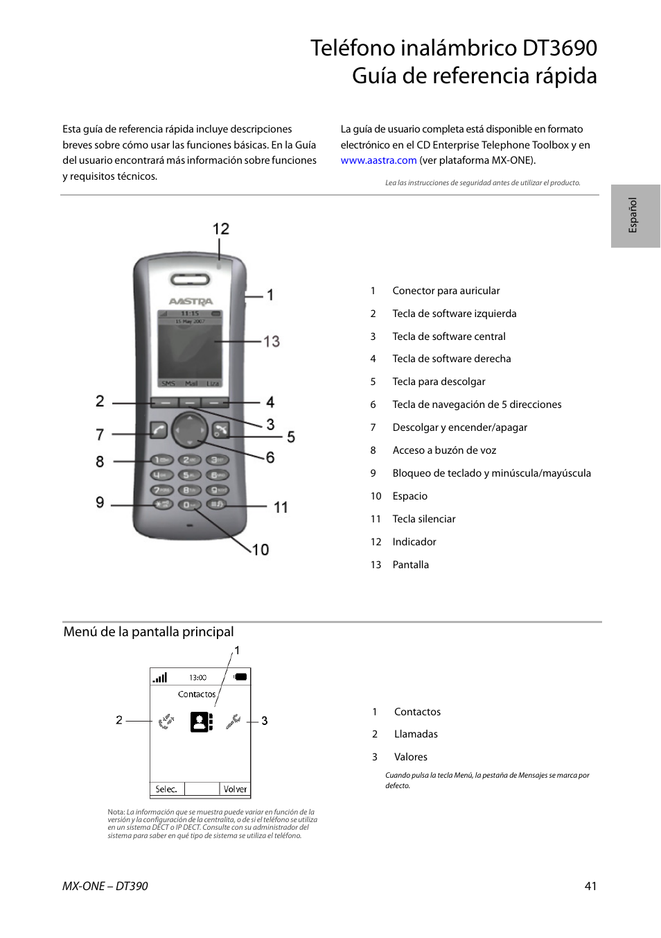 Menú de la pantalla principal | AASTRA DT390 for MX-ONE Quick Reference Guide User Manual | Page 41 / 148