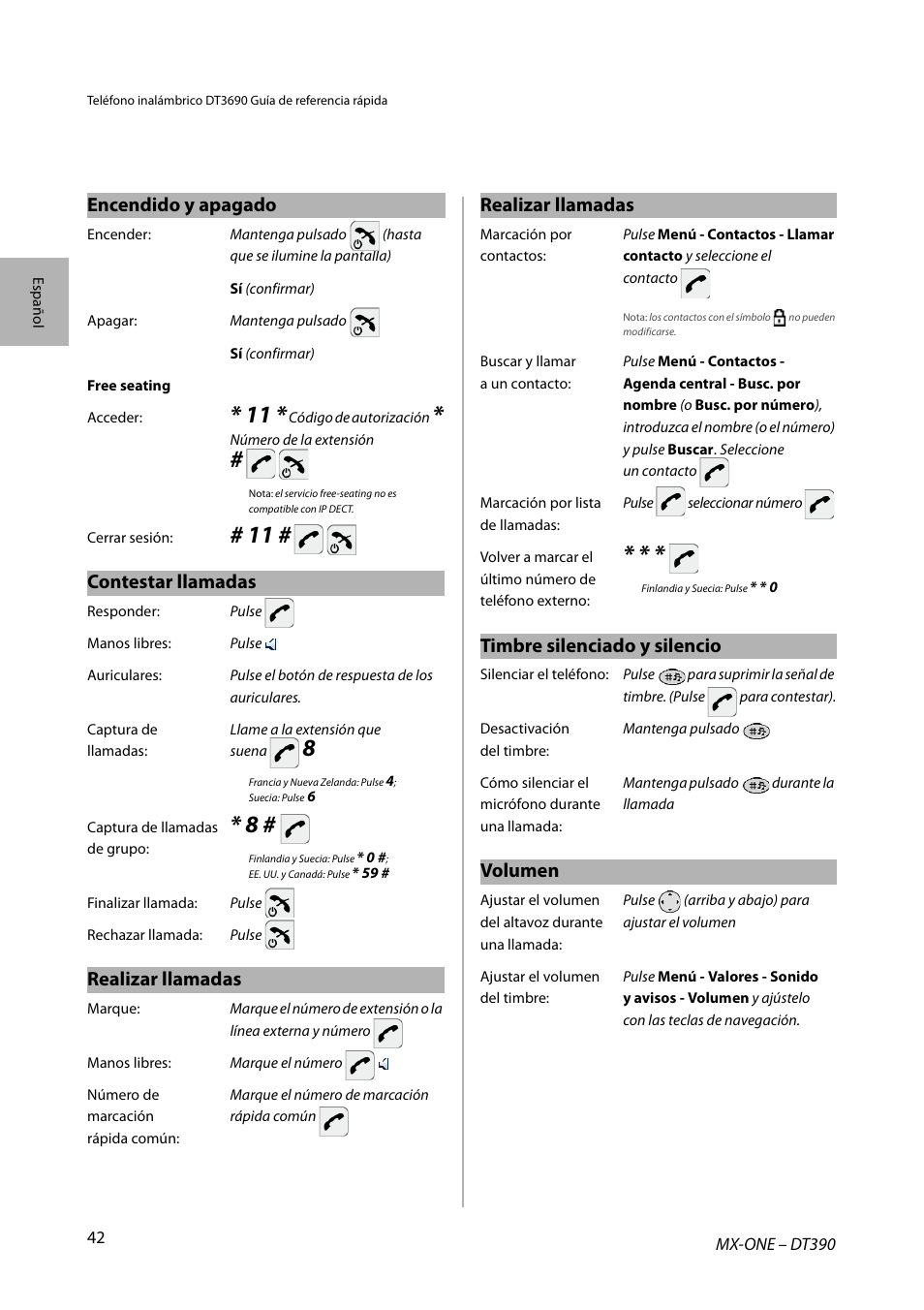 Encendido y apagado, Contestar llamadas, Realizar llamadas | Timbre silenciado y silencio, Volumen | AASTRA DT390 for MX-ONE Quick Reference Guide User Manual | Page 42 / 148