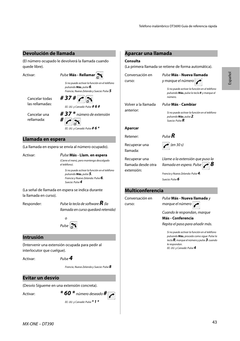 Devolución de llamada, Llamada en espera, Intrusión | Evitar un desvío, Aparcar una llamada, Multiconferencia | AASTRA DT390 for MX-ONE Quick Reference Guide User Manual | Page 43 / 148