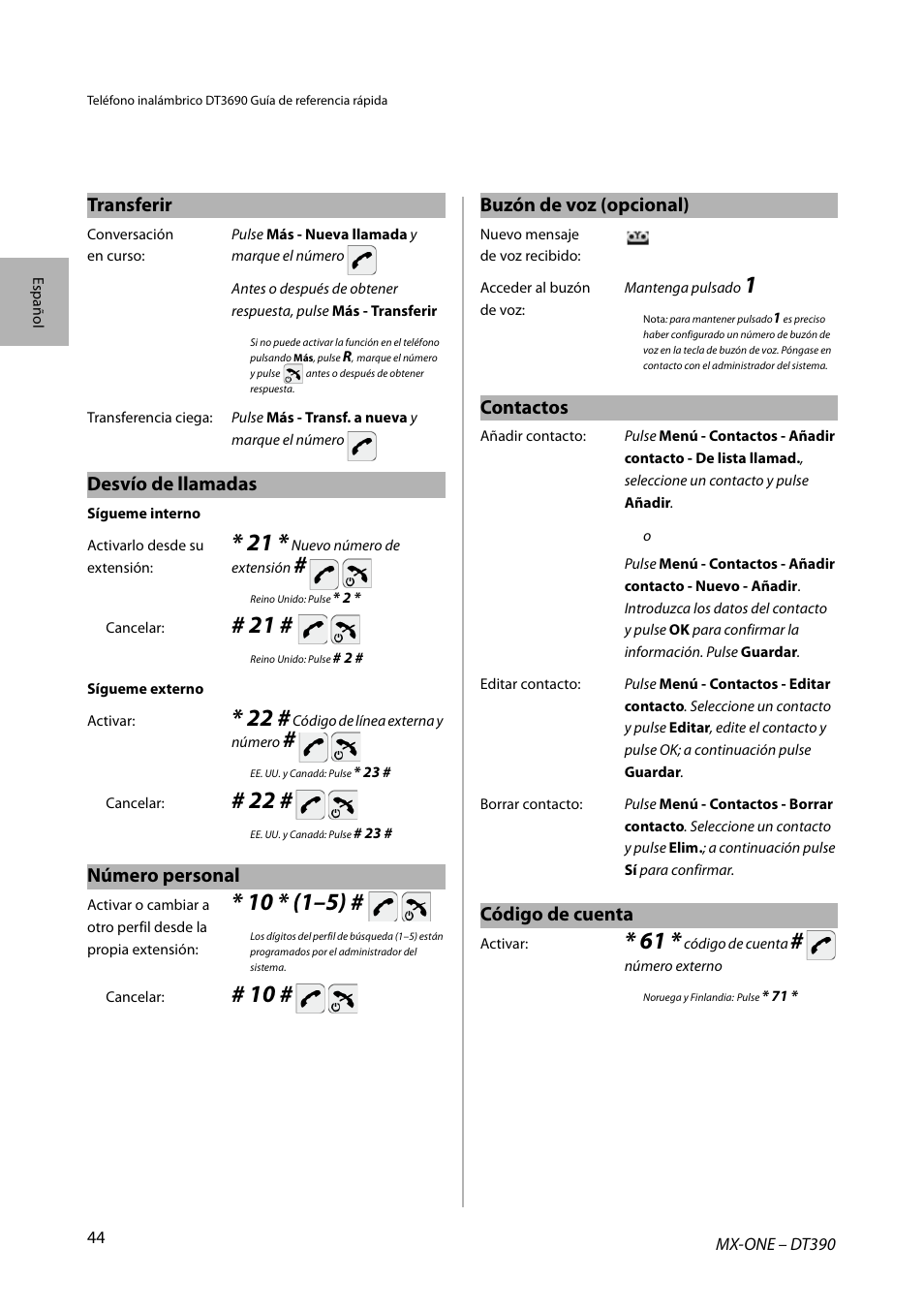 Transferir, Desvío de llamadas, Número personal | Buzón de voz (opcional), Contactos, Código de cuenta | AASTRA DT390 for MX-ONE Quick Reference Guide User Manual | Page 44 / 148
