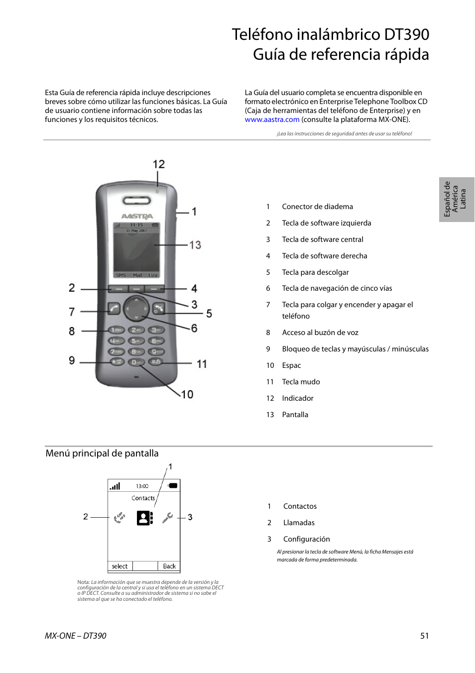 Menú principal de pantalla | AASTRA DT390 for MX-ONE Quick Reference Guide User Manual | Page 51 / 148