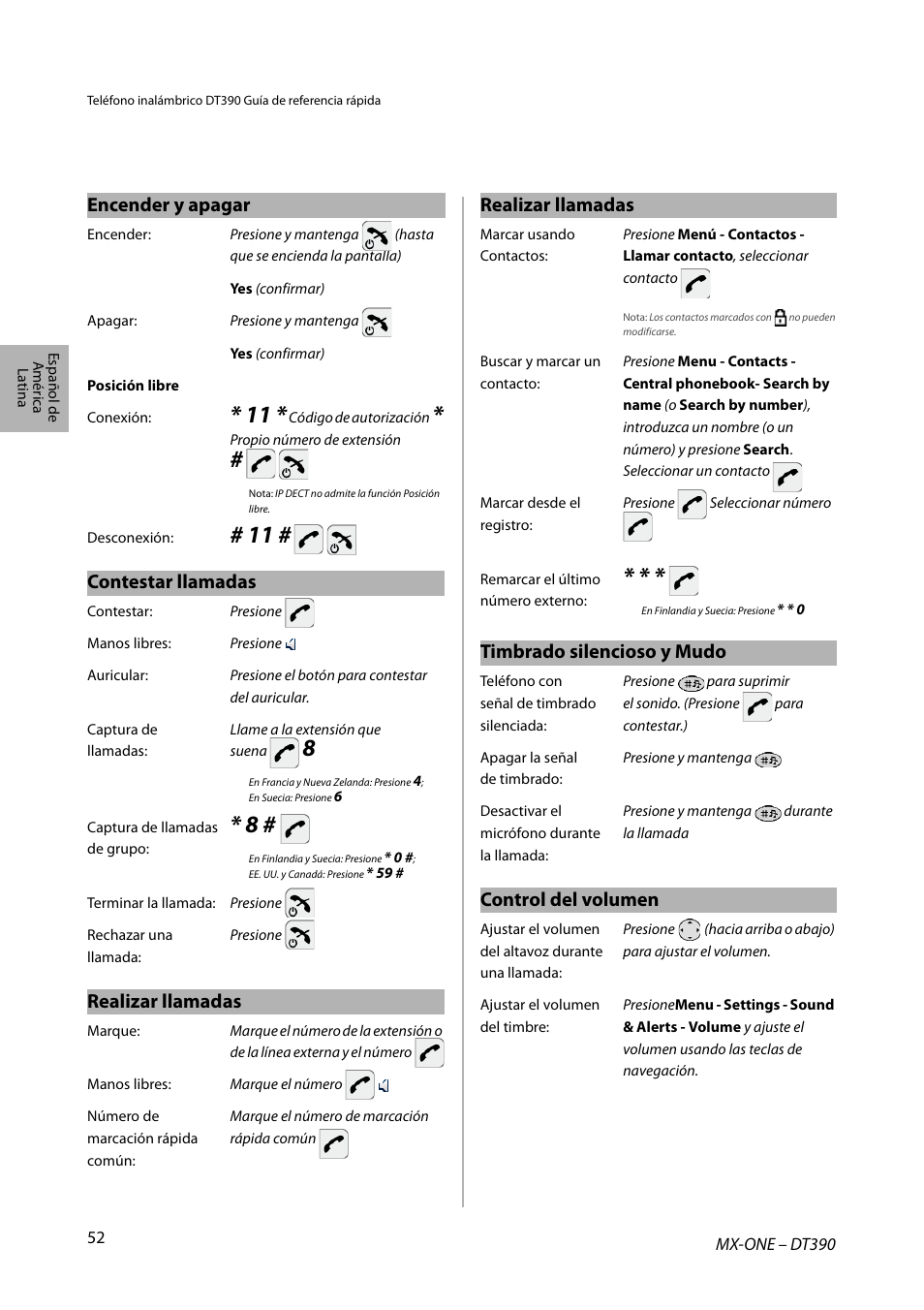 Encender y apagar, Contestar llamadas, Realizar llamadas | Timbrado silencioso y mudo, Control del volumen | AASTRA DT390 for MX-ONE Quick Reference Guide User Manual | Page 52 / 148