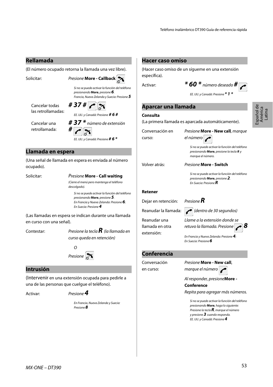 Rellamada, Llamada en espera, Intrusión | Hacer caso omiso, Aparcar una llamada, Conferencia | AASTRA DT390 for MX-ONE Quick Reference Guide User Manual | Page 53 / 148