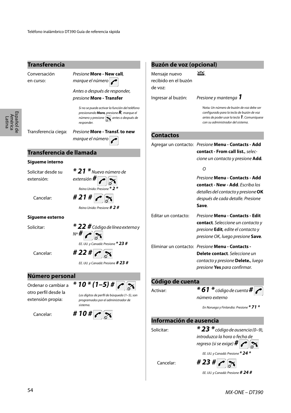 Transferencia, Transferencia de llamada, Número personal | Buzón de voz (opcional), Contactos, Código de cuenta, Información de ausencia | AASTRA DT390 for MX-ONE Quick Reference Guide User Manual | Page 54 / 148