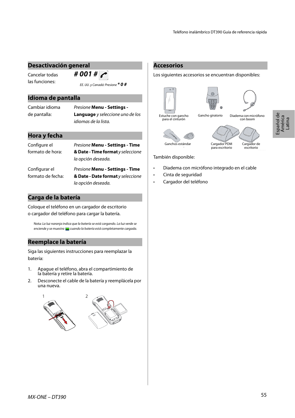 Desactivación general, Idioma de pantalla, Hora y fecha | Carga de la batería, Reemplace la batería, Accesorios | AASTRA DT390 for MX-ONE Quick Reference Guide User Manual | Page 55 / 148