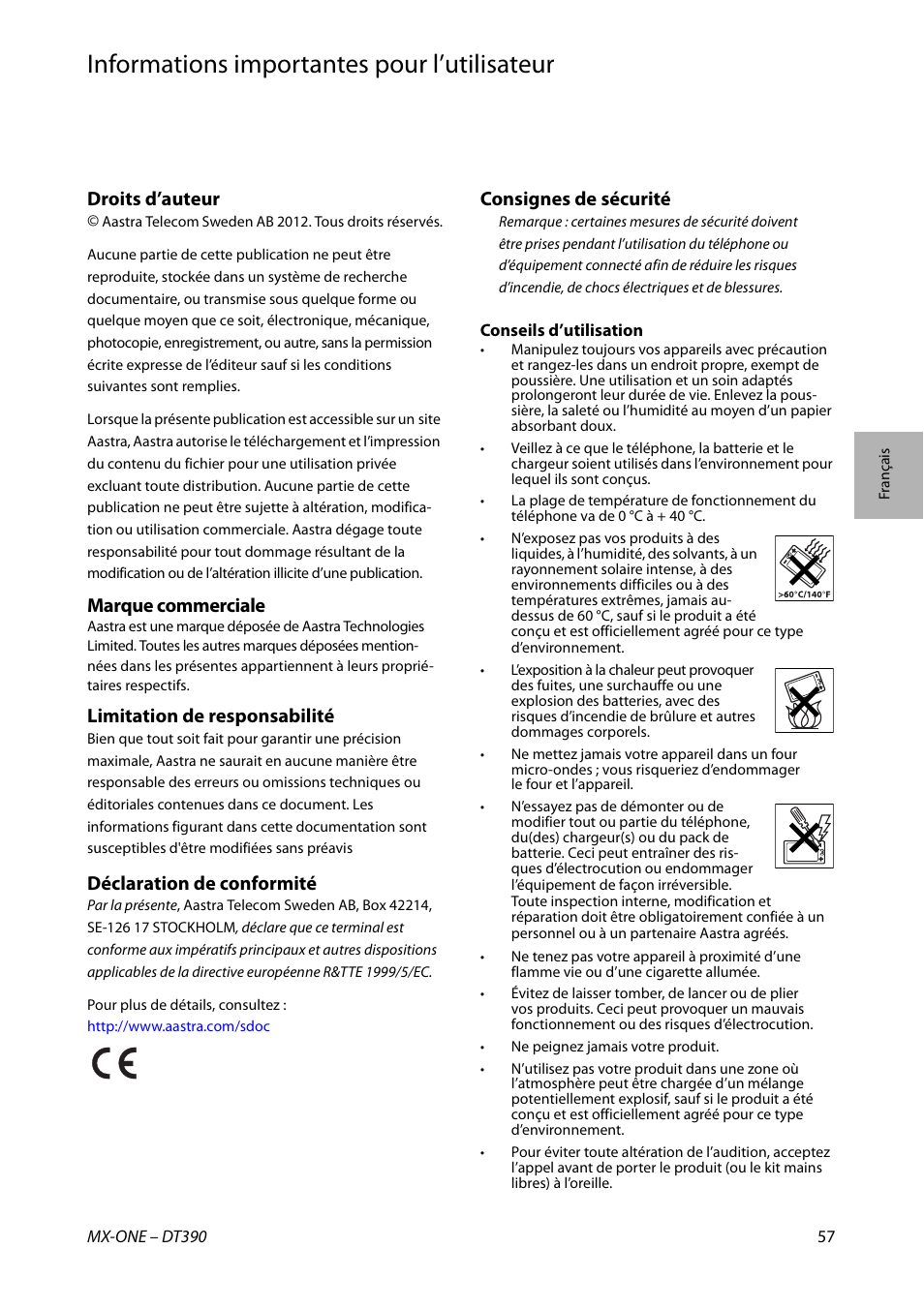Français, Informations importantes pour l’utilisateur, Droits d’auteur | Marque commerciale, Limitation de responsabilité, Déclaration de conformité, Consignes de sécurité | AASTRA DT390 for MX-ONE Quick Reference Guide User Manual | Page 57 / 148
