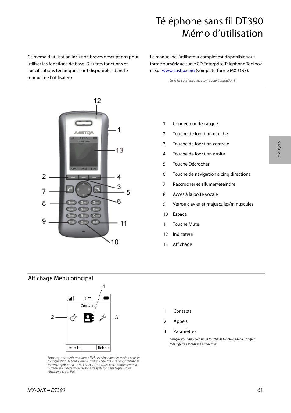 Téléphone sans fil dt390 mémo d’utilisation, Affichage menu principal | AASTRA DT390 for MX-ONE Quick Reference Guide User Manual | Page 61 / 148