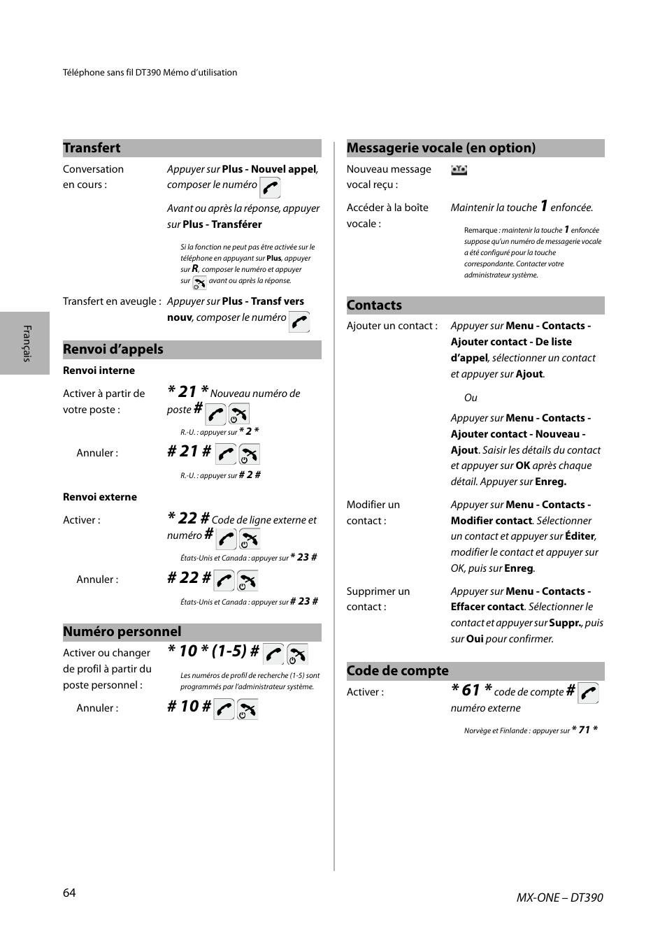 Transfert, Renvoi d’appels, Numéro personnel | Messagerie vocale (en option), Contacts, Code de compte | AASTRA DT390 for MX-ONE Quick Reference Guide User Manual | Page 64 / 148