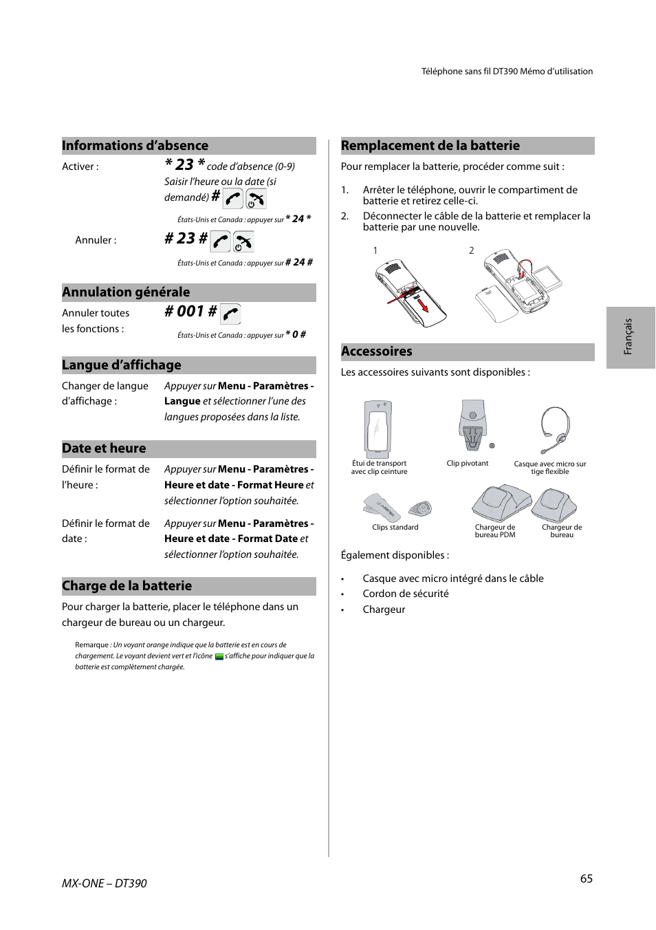 Informations d’absence, Annulation générale, Langue d’affichage | Date et heure, Charge de la batterie, Remplacement de la batterie, Accessoires | AASTRA DT390 for MX-ONE Quick Reference Guide User Manual | Page 65 / 148