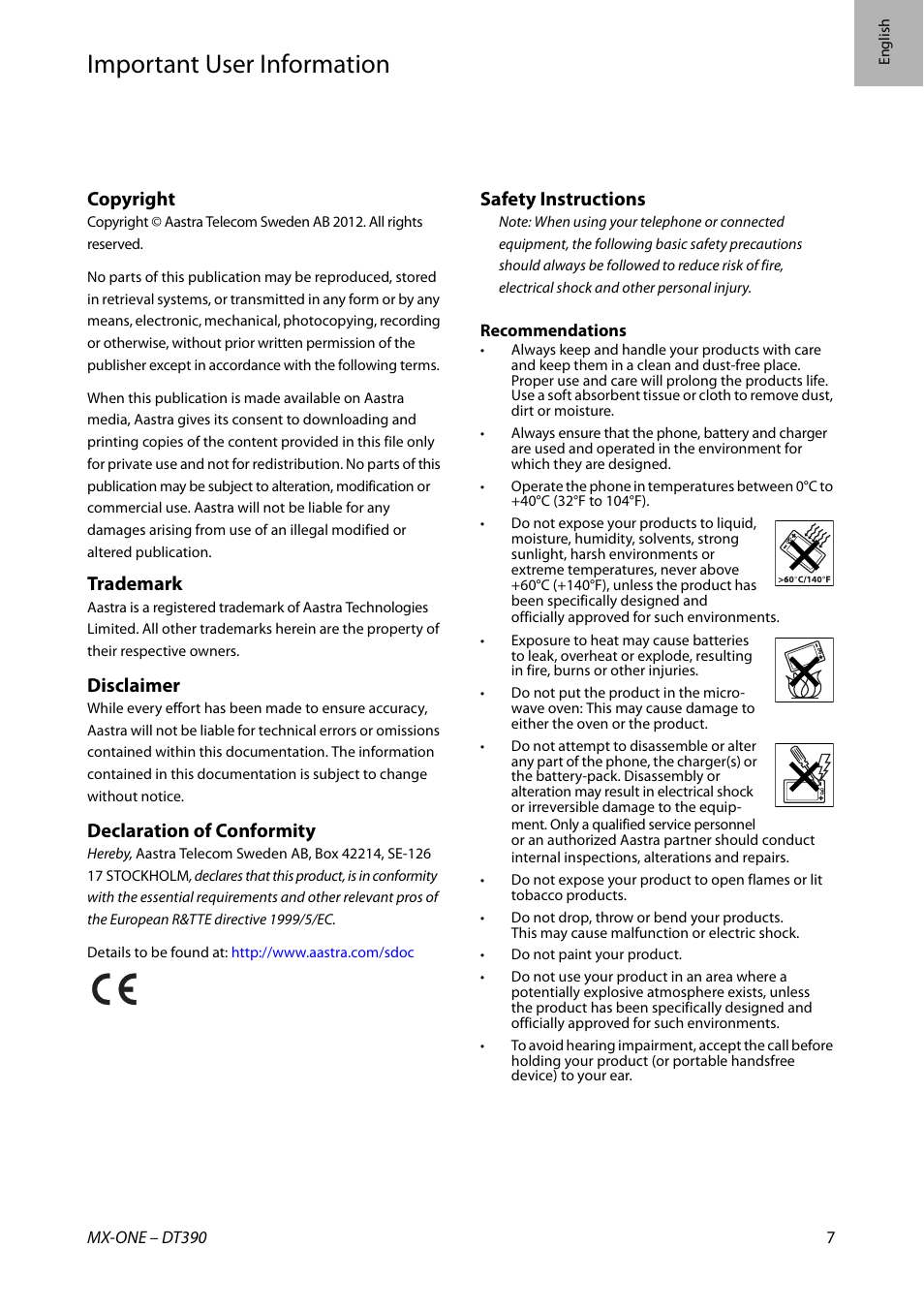 English, Important user information, Copyright | Trademark, Disclaimer, Declaration of conformity, Safety instructions | AASTRA DT390 for MX-ONE Quick Reference Guide User Manual | Page 7 / 148