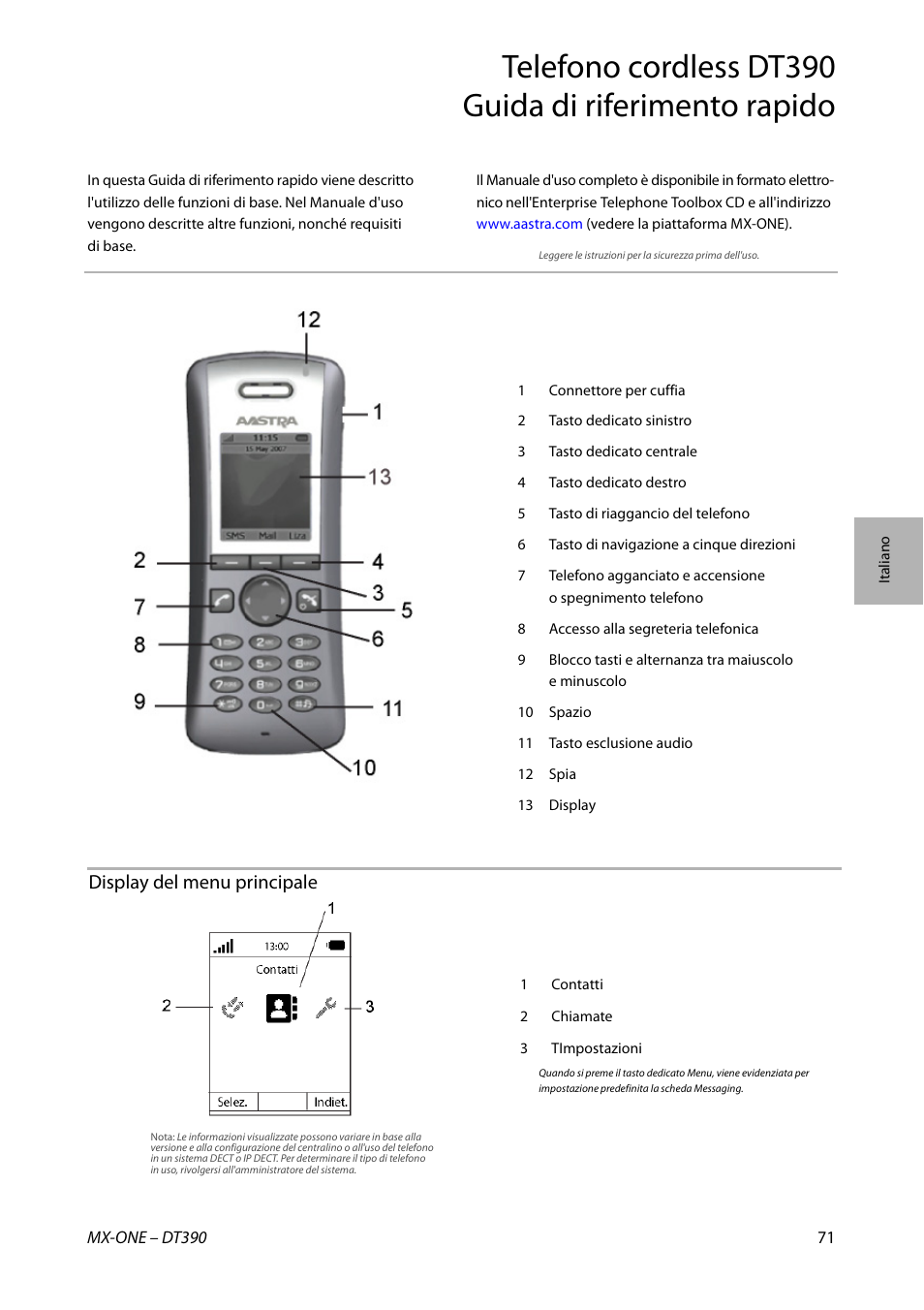 Display del menu principale | AASTRA DT390 for MX-ONE Quick Reference Guide User Manual | Page 71 / 148