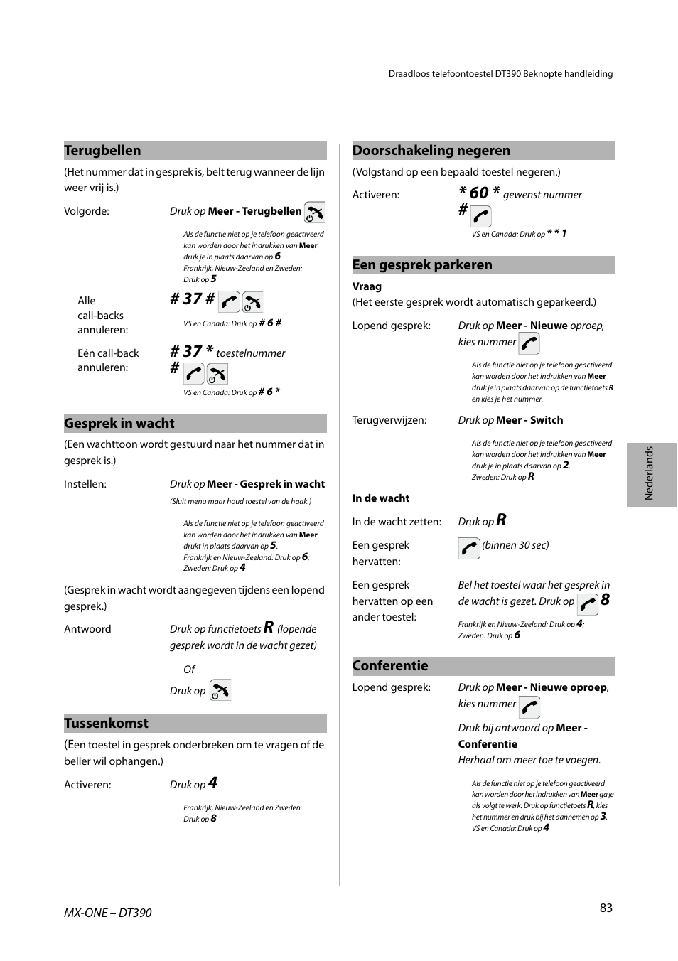 Terugbellen, Gesprek in wacht, Tussenkomst | Doorschakeling negeren, Een gesprek parkeren, Conferentie | AASTRA DT390 for MX-ONE Quick Reference Guide User Manual | Page 83 / 148