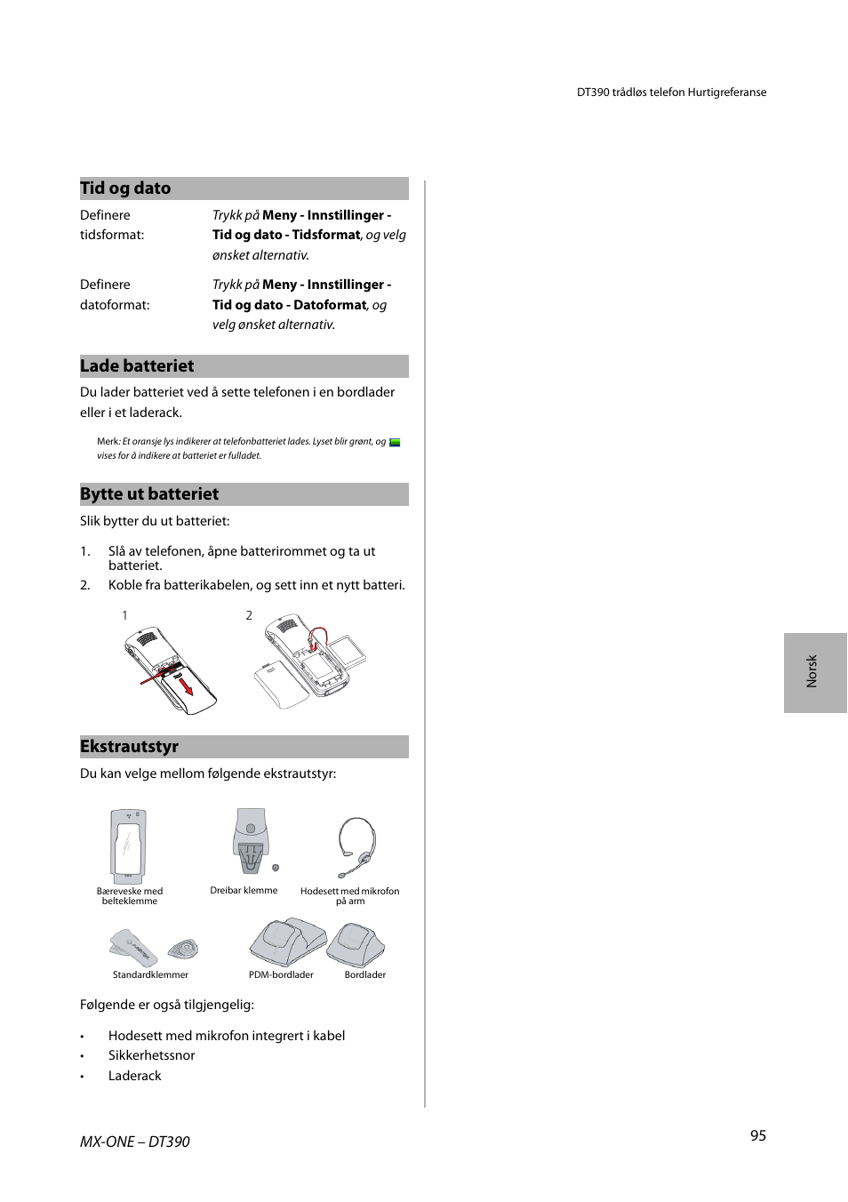 Tid og dato, Lade batteriet, Bytte ut batteriet | Ekstrautstyr | AASTRA DT390 for MX-ONE Quick Reference Guide User Manual | Page 95 / 148