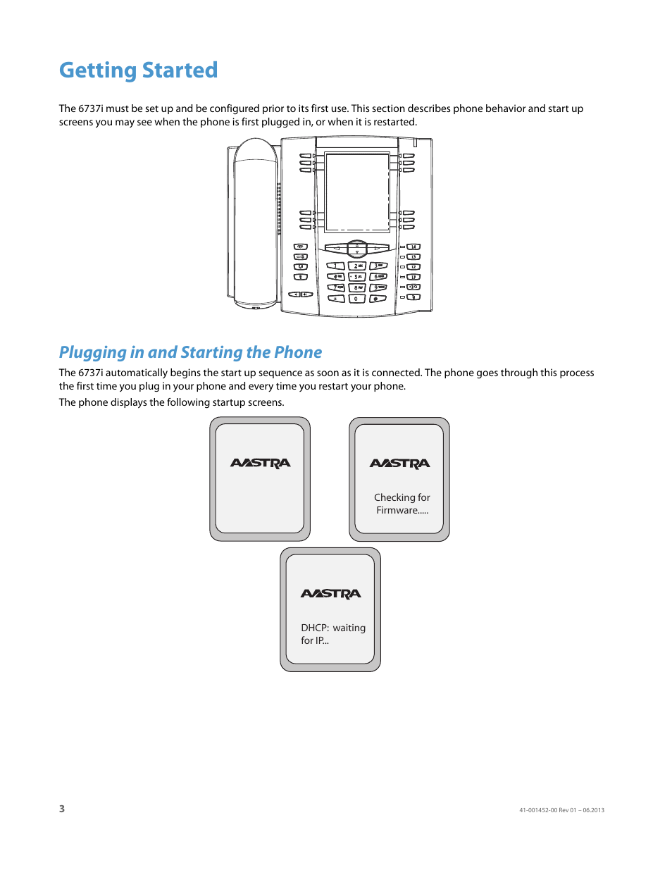 Getting started, Plugging in and starting the phone | AASTRA 6737i User Guide EN User Manual | Page 10 / 214