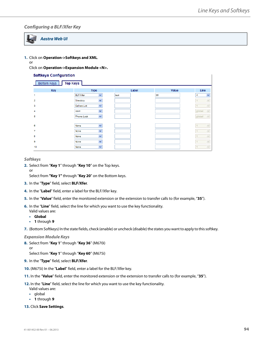 Configuring a blf/xfer key, Line keys and softkeys | AASTRA 6737i User Guide EN User Manual | Page 101 / 214